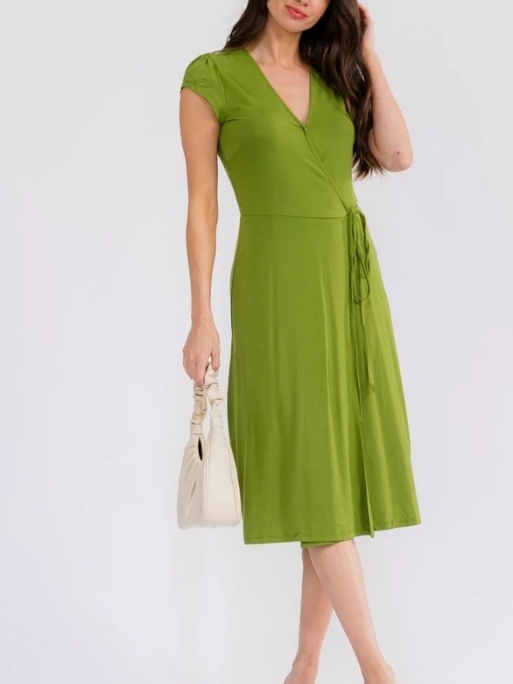 Green Midi Dress - Classic V-Neck Tie Waist